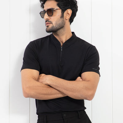 Rare Rabbit Men's Temper Black Cotton Fabric Baseball Stand Collared Neck Zipper Closure Half Sleeves Polo T-Shirt