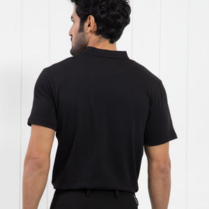 Rare Rabbit Men's Temper Black Cotton Fabric Baseball Stand Collared Neck Zipper Closure Half Sleeves Polo T-Shirt