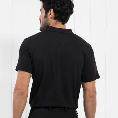 Rare Rabbit Men's Temper Black Cotton Fabric Baseball Stand Collared Neck Zipper Closure Half Sleeves Polo T-Shirt