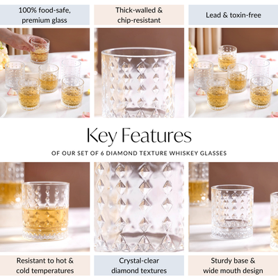 Diamond Embossed Whiskey Glasses Set Of 6 250ml