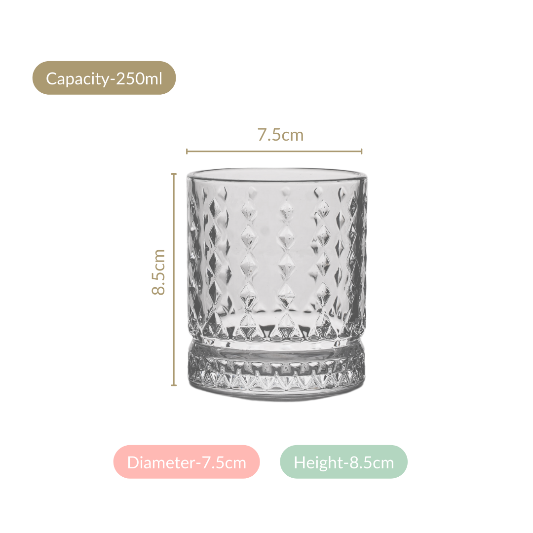 Diamond Embossed Whiskey Glasses Set Of 6 250ml