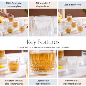 Set Of 6 Premium Ribbed Whiskey Glasses 250ml