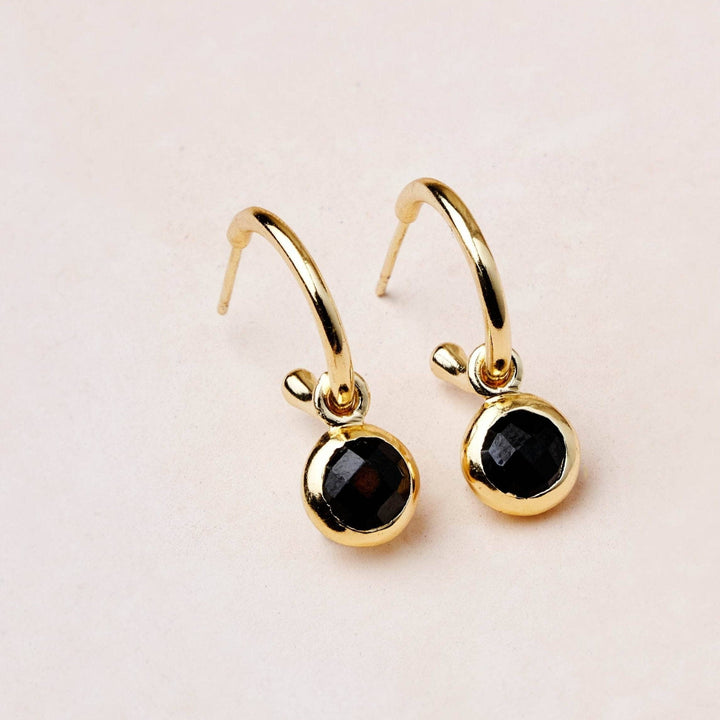 Black Tourmaline Silver or Golden Hoop Earrings