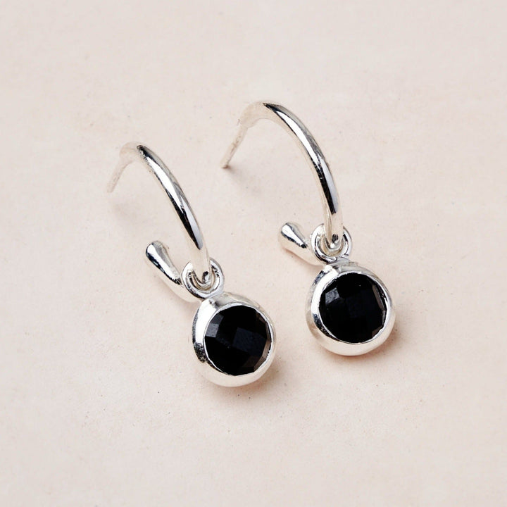 Black Tourmaline Silver or Golden Hoop Earrings