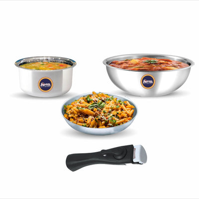 Softel Tri-Ply Cookware Combo with Removable Handle (20 cm Tasla + 22 cm Fry Pan + 1 Litre Sauce Pan + Removable Handle) | Gas & Induction Compatible | Set of 4 Pcs