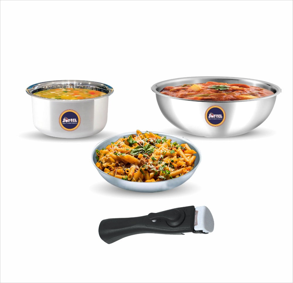 Softel Tri-Ply Cookware Combo with Removable Handle (20 cm Tasla + 22 cm Fry Pan + 1 Litre Sauce Pan + Removable Handle) | Gas & Induction Compatible | Set of 4 Pcs