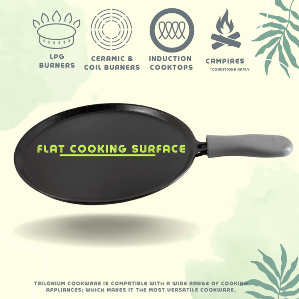 Trilonium Unicorn Triple seasoned Cast Iron Dosa Tawa with Dosa Spatula | Gas & Induction Compatible | Black