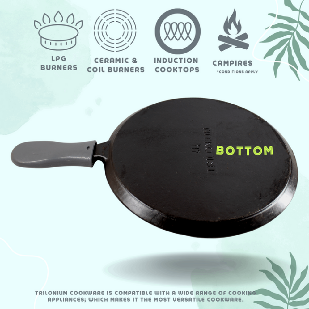 Trilonium Unicorn Triple seasoned Cast Iron Dosa Tawa with Dosa Spatula | Gas & Induction Compatible | Black