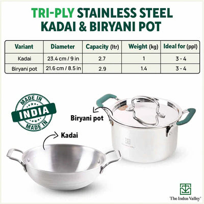 TurboCuk Tri-ply Stainless Steel Cokware Set: Free ₹600 Wooden Board+ Kadai+ Biryani Pot, Premium Quality, 3 Layer Thick Body, 100% Toxin-free, Non-stick, Induction & Gas