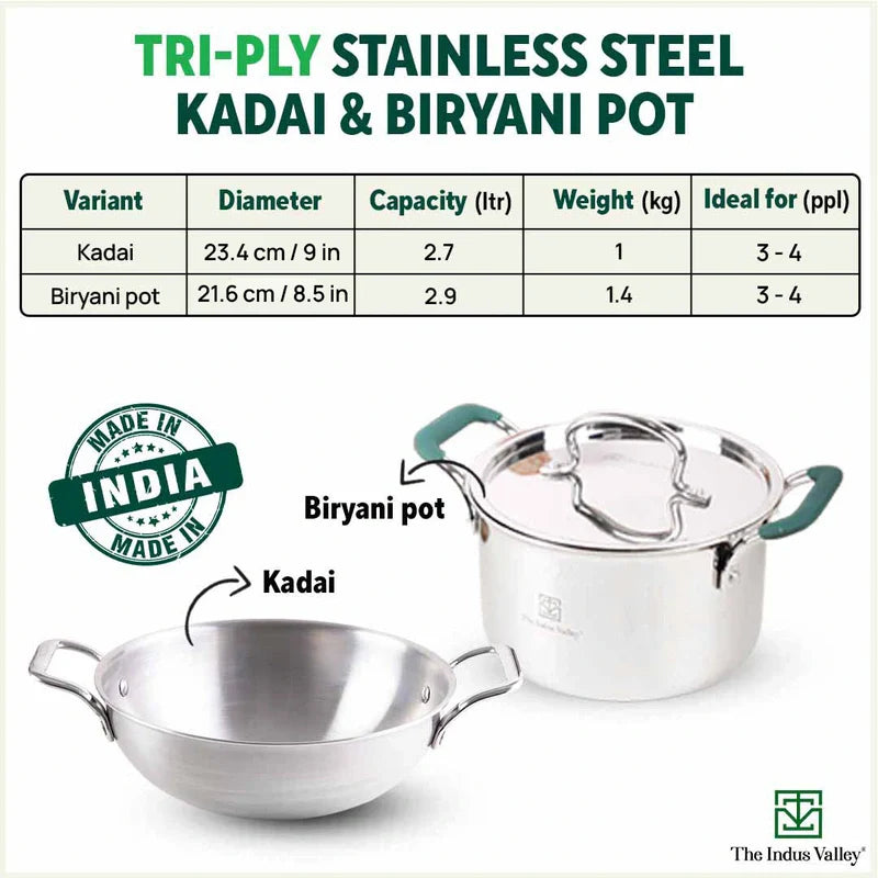 TurboCuk Tri-ply Stainless Steel Cokware Set: Free ₹600 Wooden Board+ Kadai+ Biryani Pot, Premium Quality, 3 Layer Thick Body, 100% Toxin-free, Non-stick, Induction & Gas