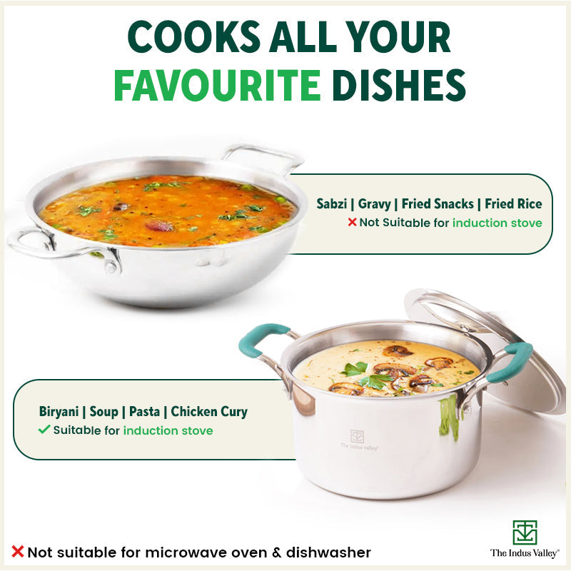 TurboCuk Tri-ply Stainless Steel Cokware Set: Free ₹600 Wooden Board+ Kadai+ Biryani Pot, Premium Quality, 3 Layer Thick Body, 100% Toxin-free, Non-stick, Induction & Gas