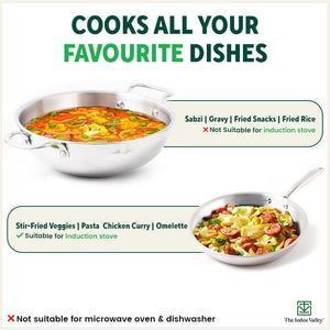TurboCuk Tri-ply Stainless Steel Cookware Set: Free ₹600 Wood Chopping Board+ Kadai+ Fry Pan, Premium Quality, 3 Layer Thick Body, 100% Toxin-free, Non-stick, Induction & Gas