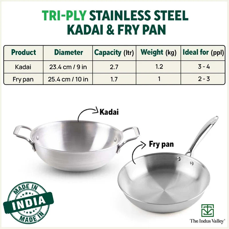 TurboCuk Tri-ply Stainless Steel Cookware Set: Free ₹600 Wood Chopping Board+ Kadai+ Fry Pan, Premium Quality, 3 Layer Thick Body, 100% Toxin-free, Non-stick, Induction & Gas