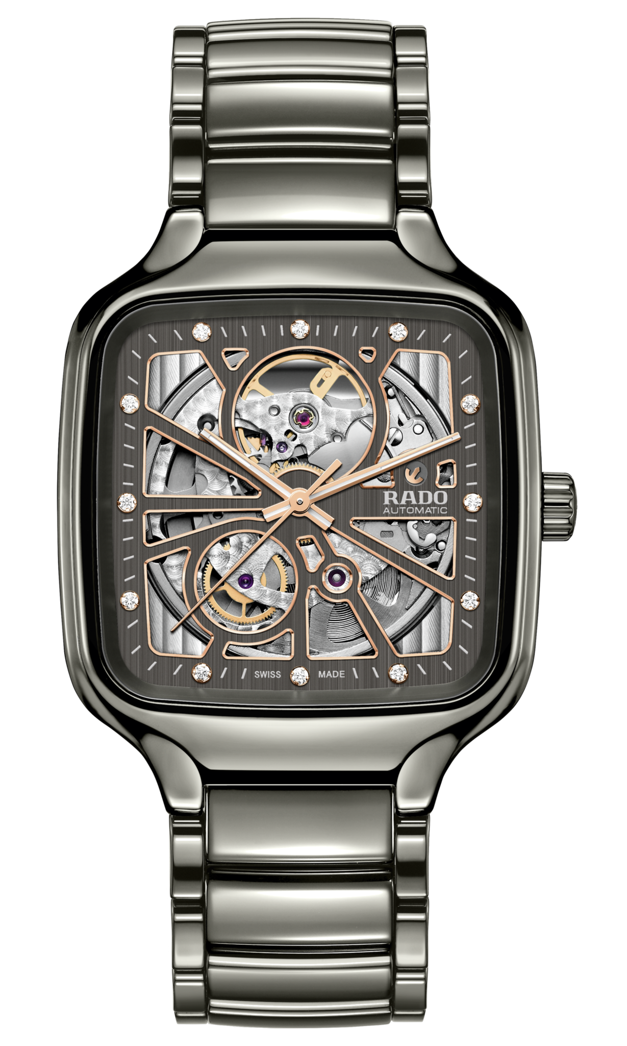 Rado True Square Automatic Open Heart Grey, Rose Gold Dial Unisex 38mm