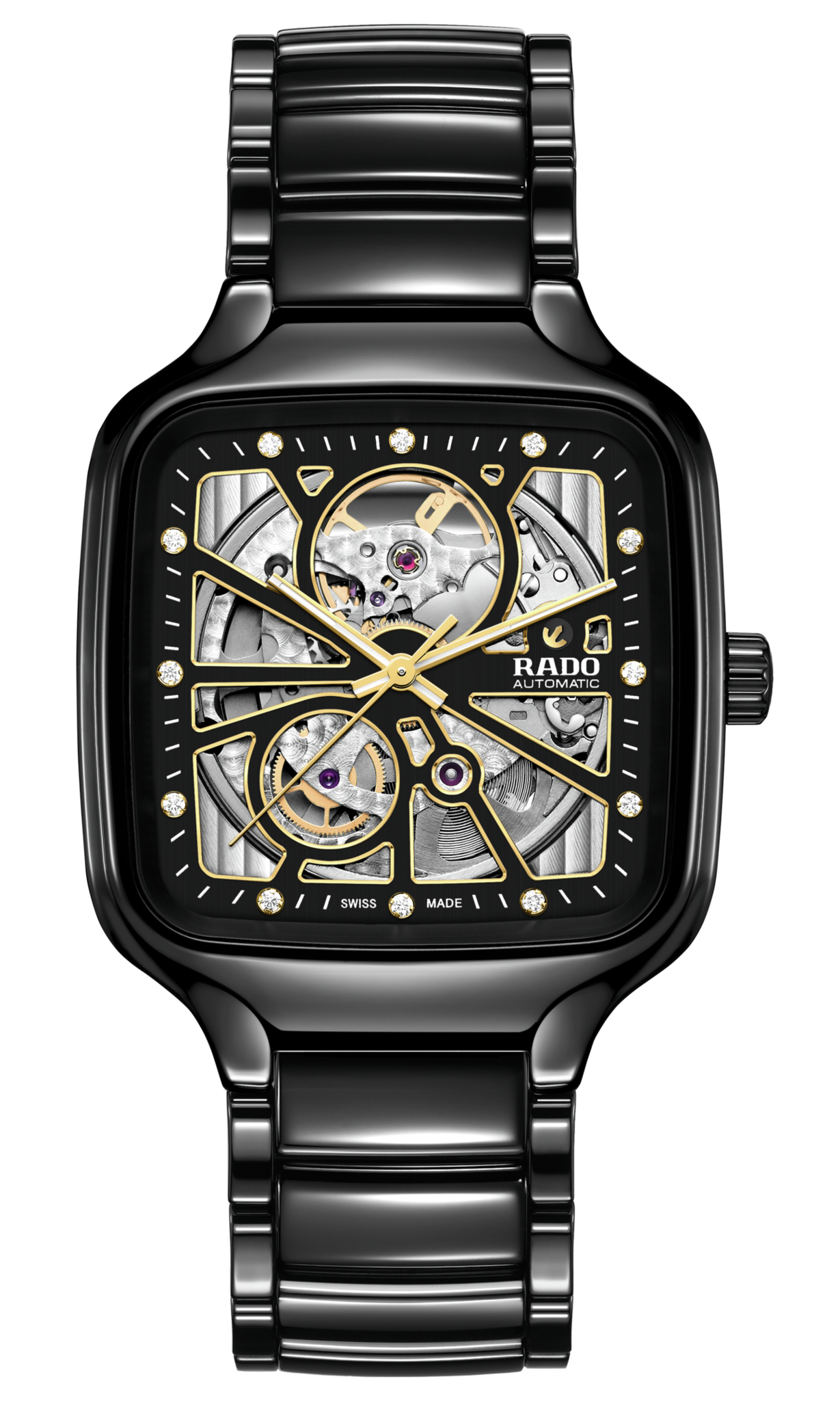 Rado True Square Automatic Open Heart Black, Yellow Dial Unisex 38mm