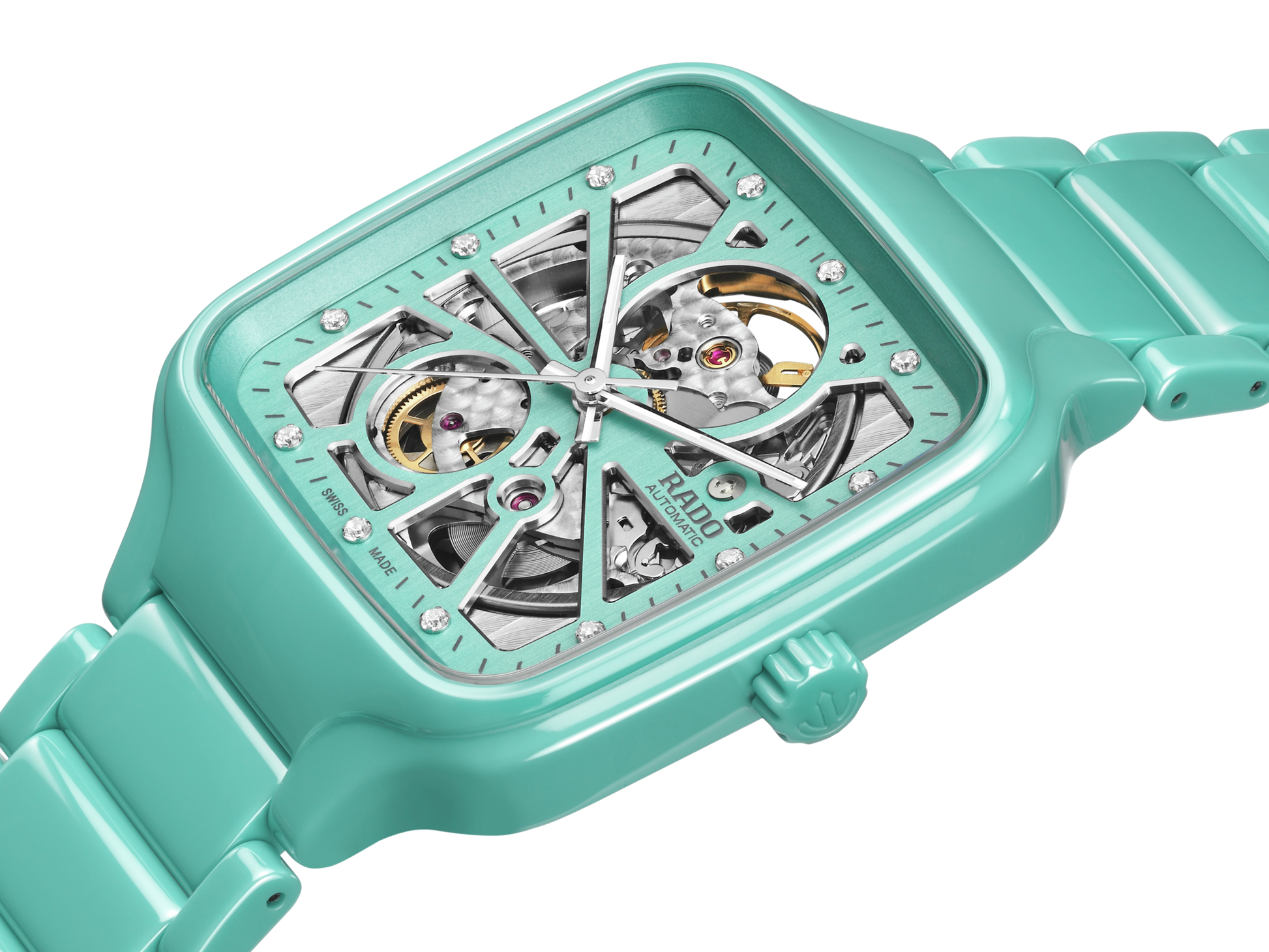 Rado True Square Automatic Open Heart Silver Turquoise Dial Unisex 38mm