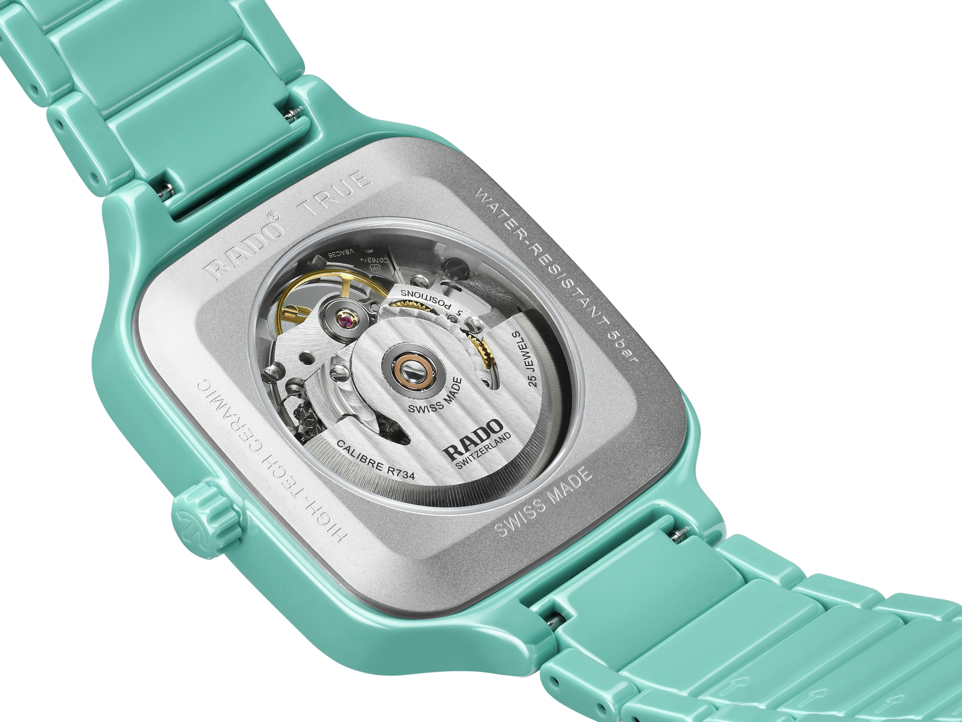 Rado True Square Automatic Open Heart Silver Turquoise Dial Unisex 38mm