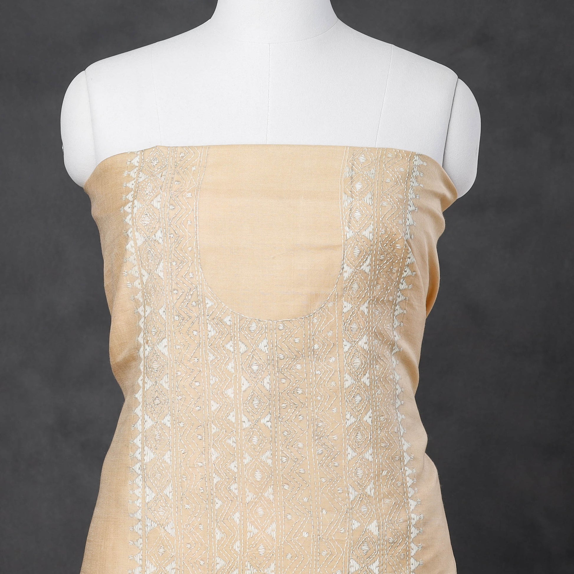 Beige - Bengal Kantha Embroidery Silk Cotton Kurti Material - 2.6 M