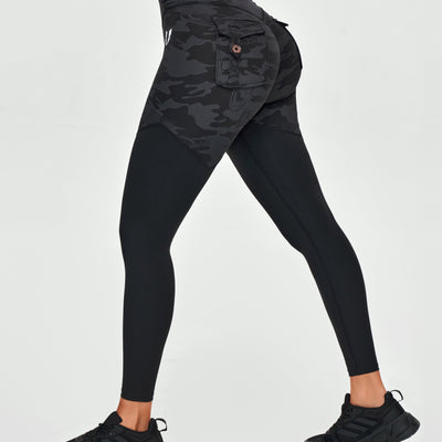 V-waist Gym Leggings - Black Gray Camo