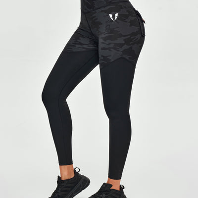 V-waist Gym Leggings - Black Gray Camo