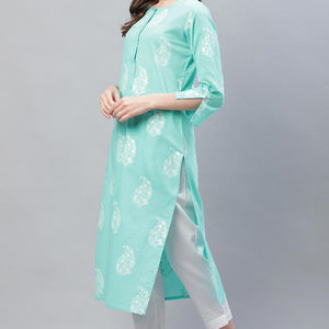 Cyan Blue Trendy Festive Wear Printed Kurti VCK1569