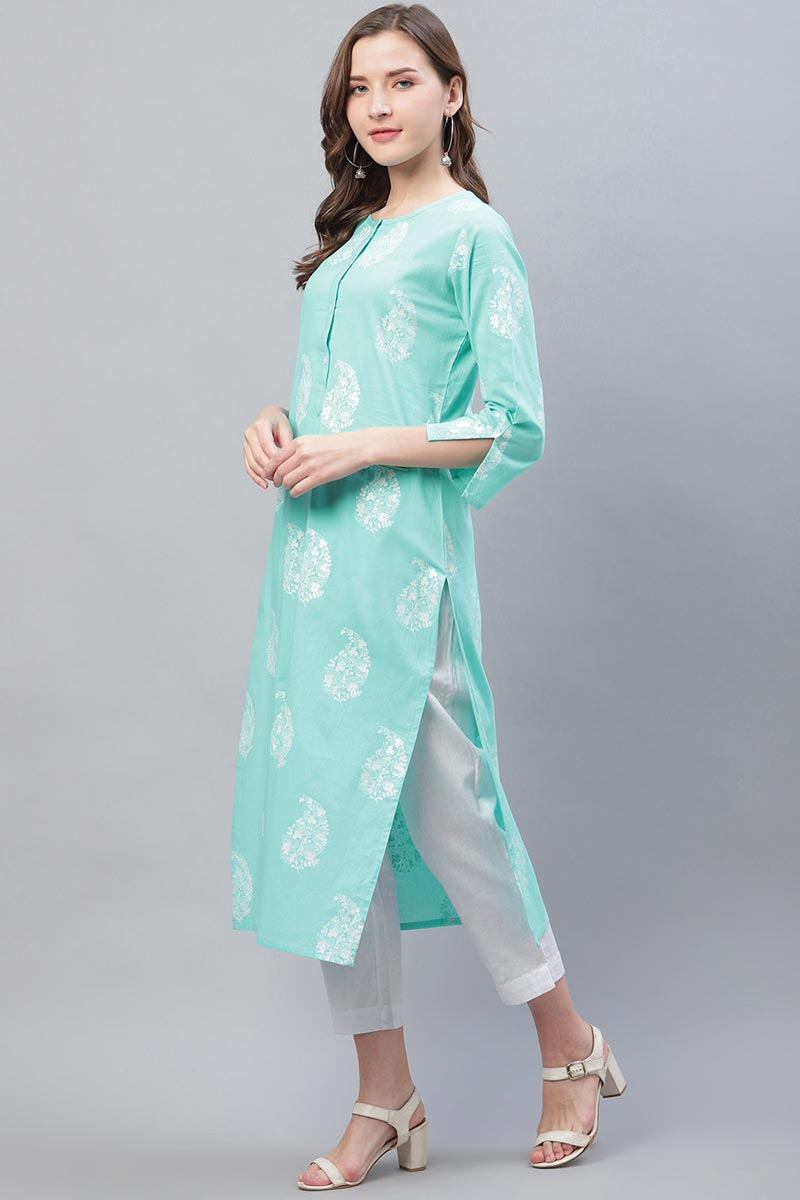 Cyan Blue Trendy Festive Wear Printed Kurti VCK1569