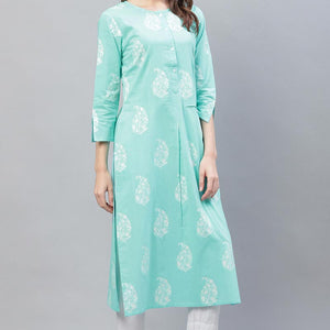 Cyan Blue Trendy Festive Wear Printed Kurti VCK1569