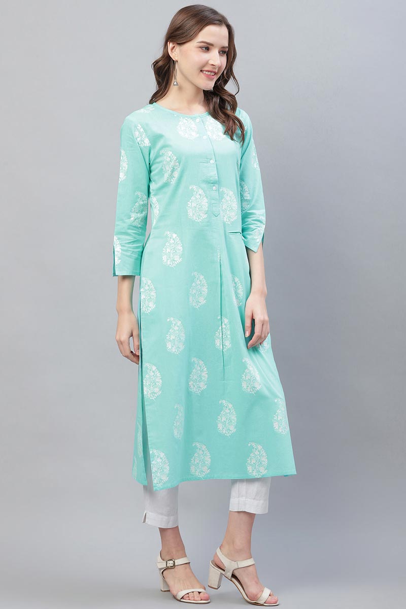 Cyan Blue Trendy Festive Wear Printed Kurti VCK1569