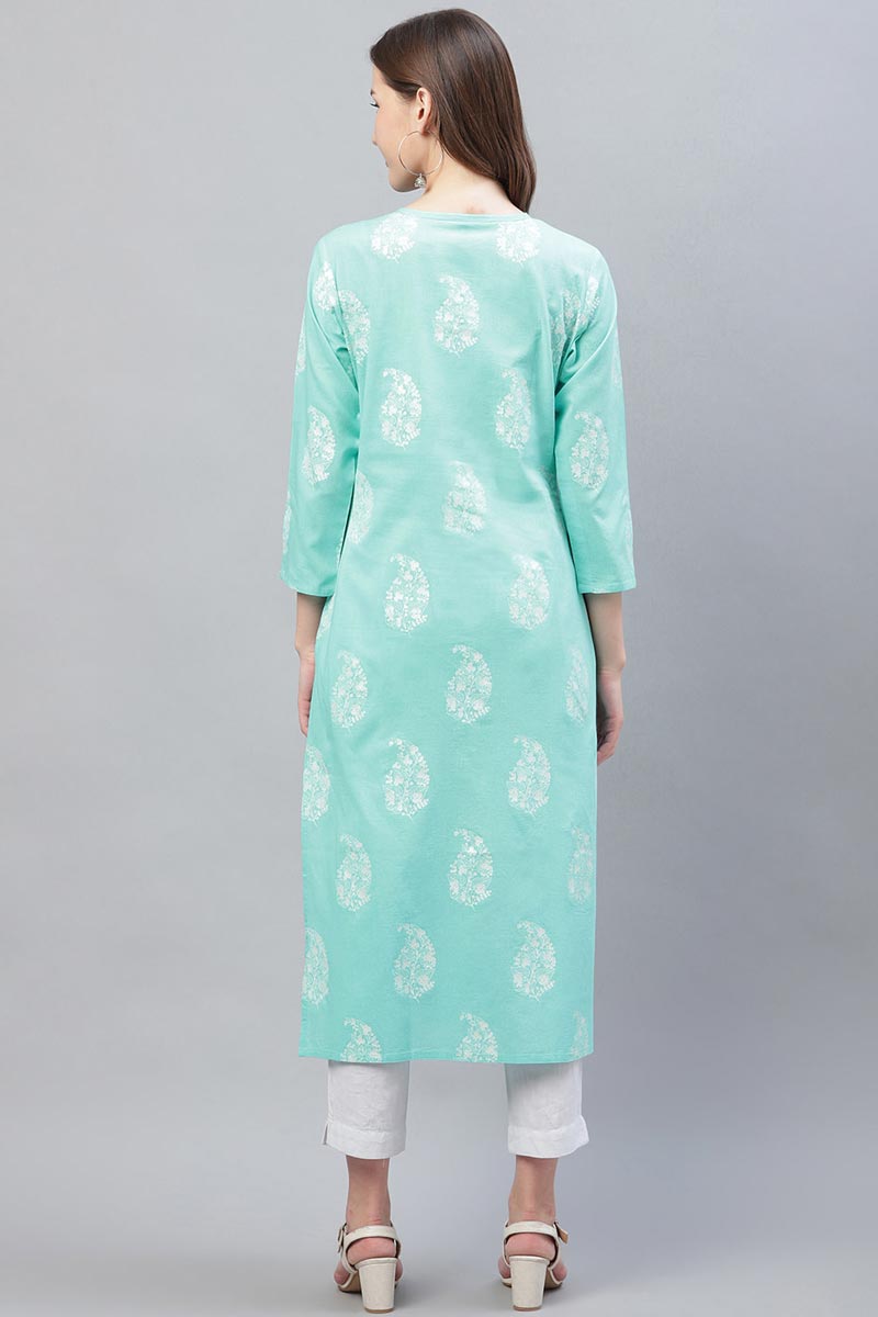 Cyan Blue Trendy Festive Wear Printed Kurti VCK1569