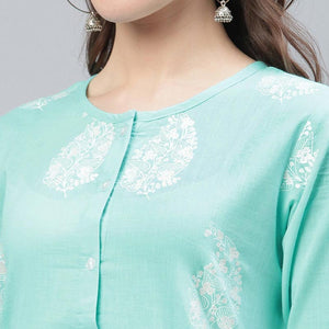 Cyan Blue Trendy Festive Wear Printed Kurti VCK1569