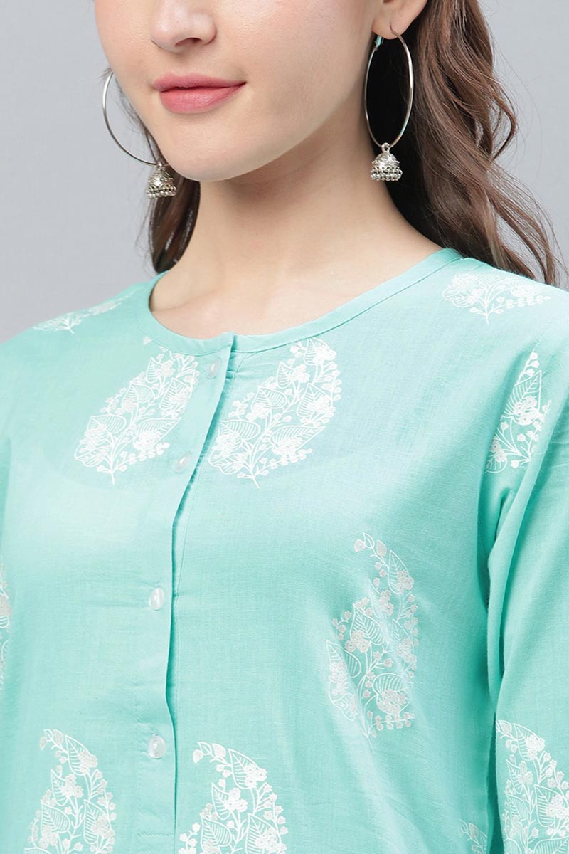 Cyan Blue Trendy Festive Wear Printed Kurti VCK1569