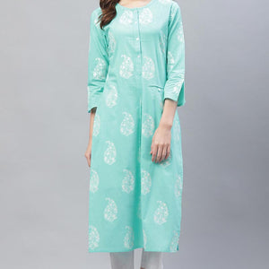Cyan Blue Trendy Festive Wear Printed Kurti VCK1569