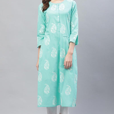 Cyan Blue Trendy Festive Wear Printed Kurti VCK1569