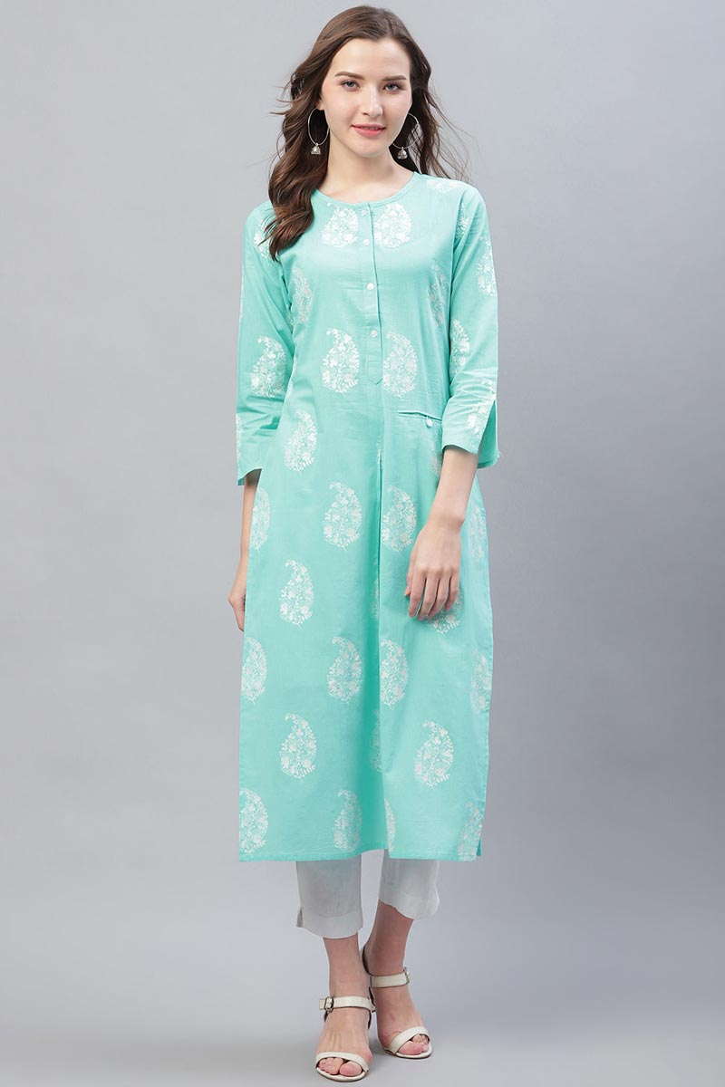 Cyan Blue Trendy Festive Wear Printed Kurti VCK1569