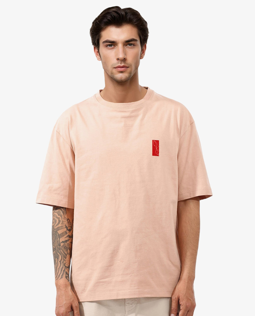 Rare Rabbit Articale Mens Vern Light Orange Cotton Polyester Fabric Short Sleeve Crew Neck Oversized Fit Printed T-Shirt