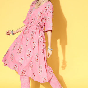 Pink Cotton Floral Printed Kaftan Set VKAFSET1004