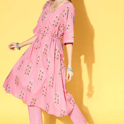 Pink Cotton Floral Printed Kaftan Set VKAFSET1004