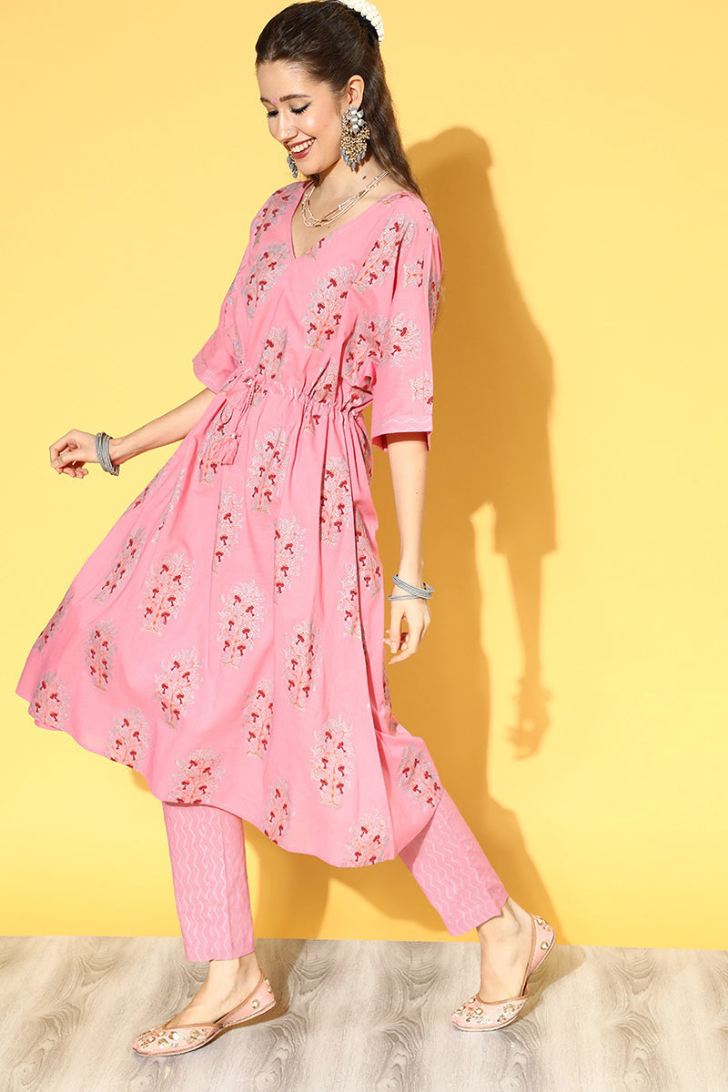 Pink Cotton Floral Printed Kaftan Set VKAFSET1004