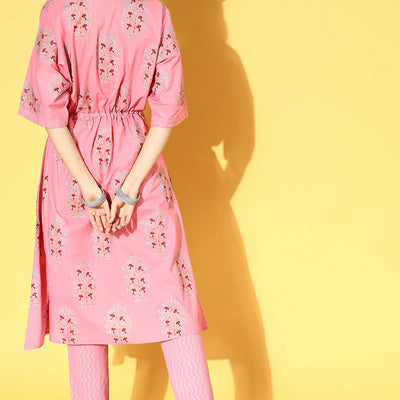 Pink Cotton Floral Printed Kaftan Set VKAFSET1004