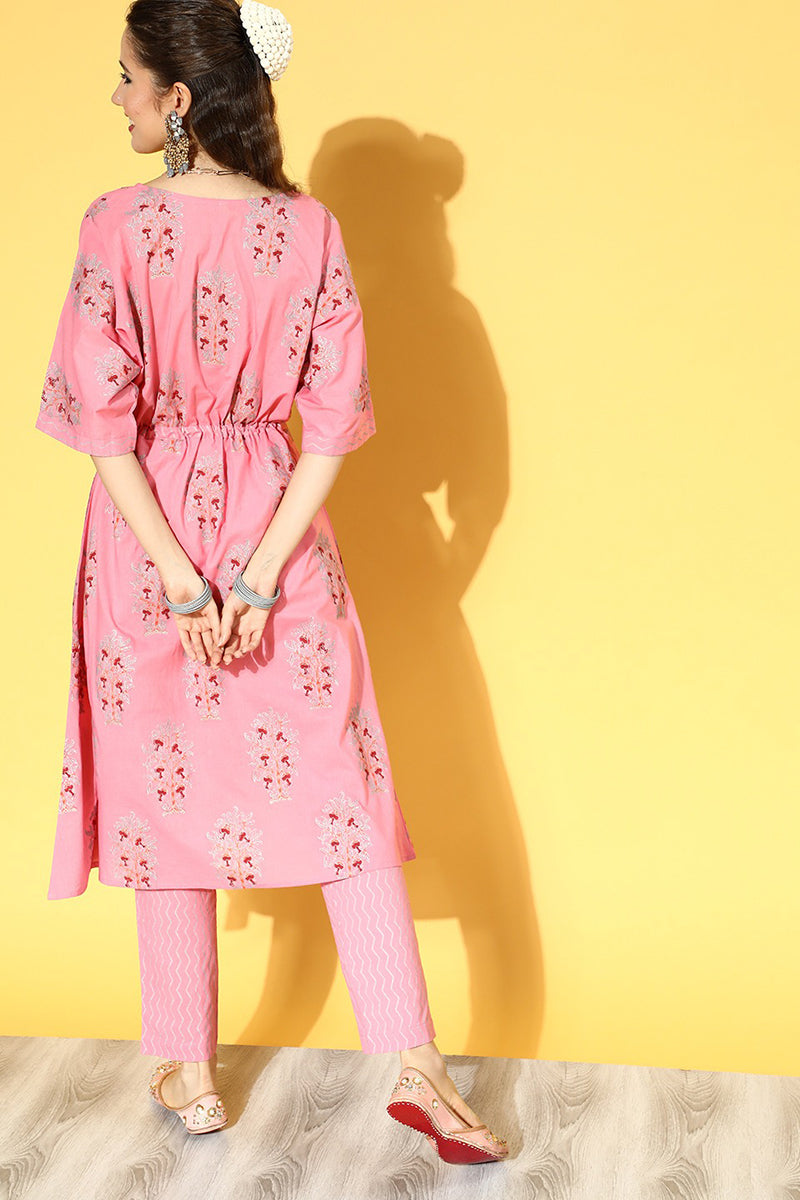 Pink Cotton Floral Printed Kaftan Set VKAFSET1004