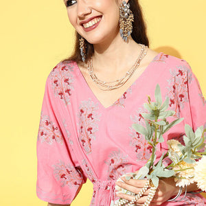 Pink Cotton Floral Printed Kaftan Set VKAFSET1004