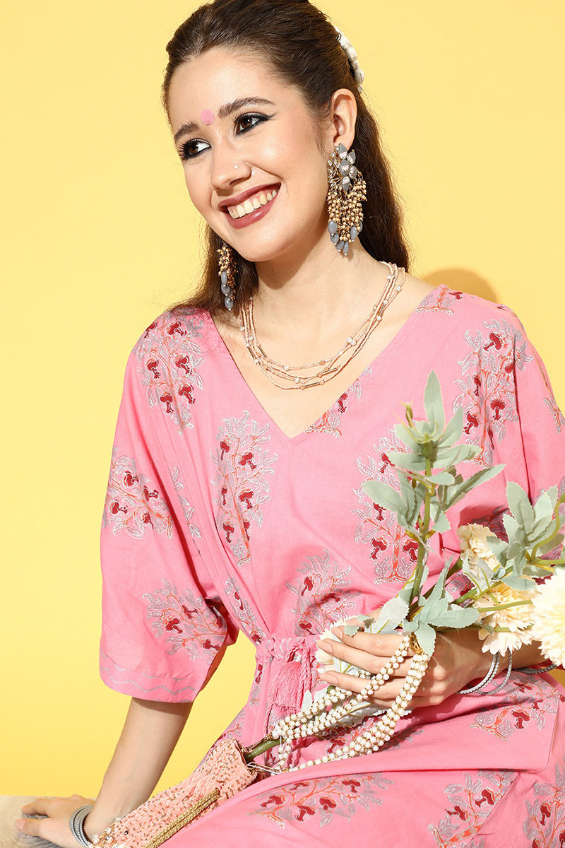 Pink Cotton Floral Printed Kaftan Set VKAFSET1004