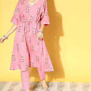 Pink Cotton Floral Printed Kaftan Set VKAFSET1004