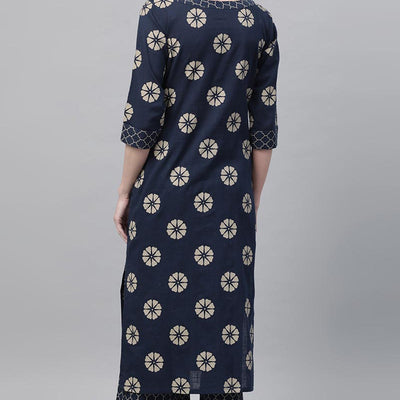 Navy Blue Pure Cotton Floral Printed Kurta Set VKSET1001