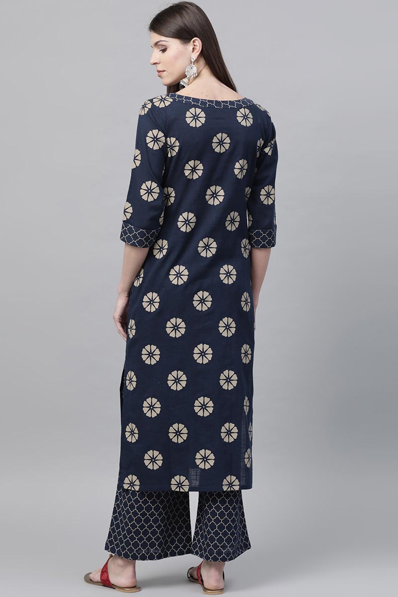 Navy Blue Pure Cotton Floral Printed Kurta Set VKSET1001
