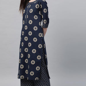 Navy Blue Pure Cotton Floral Printed Kurta Set VKSET1001