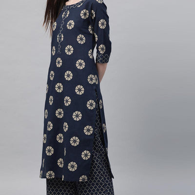 Navy Blue Pure Cotton Floral Printed Kurta Set VKSET1001