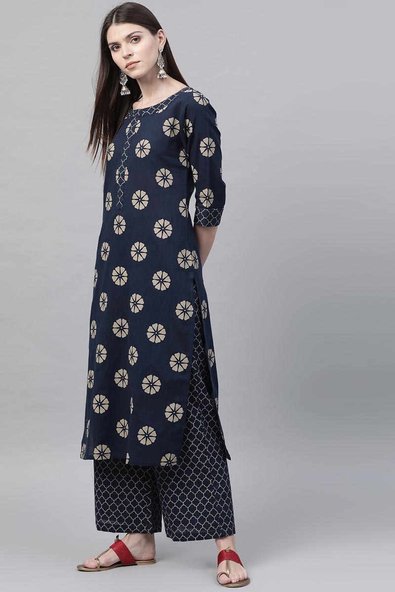 Navy Blue Pure Cotton Floral Printed Kurta Set VKSET1001