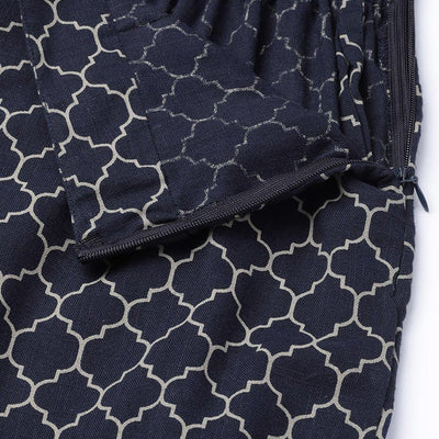 Navy Blue Pure Cotton Floral Printed Kurta Set VKSET1001