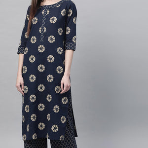 Navy Blue Pure Cotton Floral Printed Kurta Set VKSET1001